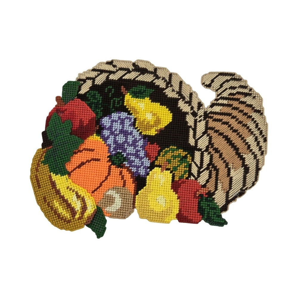 Vintage 70s Handmade Plastic Needlepoint Cornucopia Thanksgiving‎ Wall Hanging